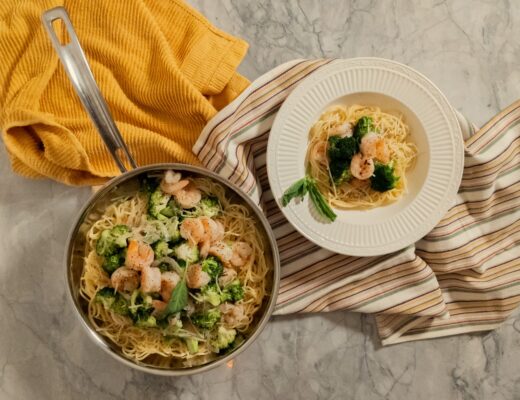 Overhead shot of shrimp and broccoli in a bowl and in a sautée pan