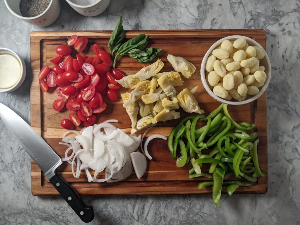 Overhead shot of raw ingredients on a cutting board
