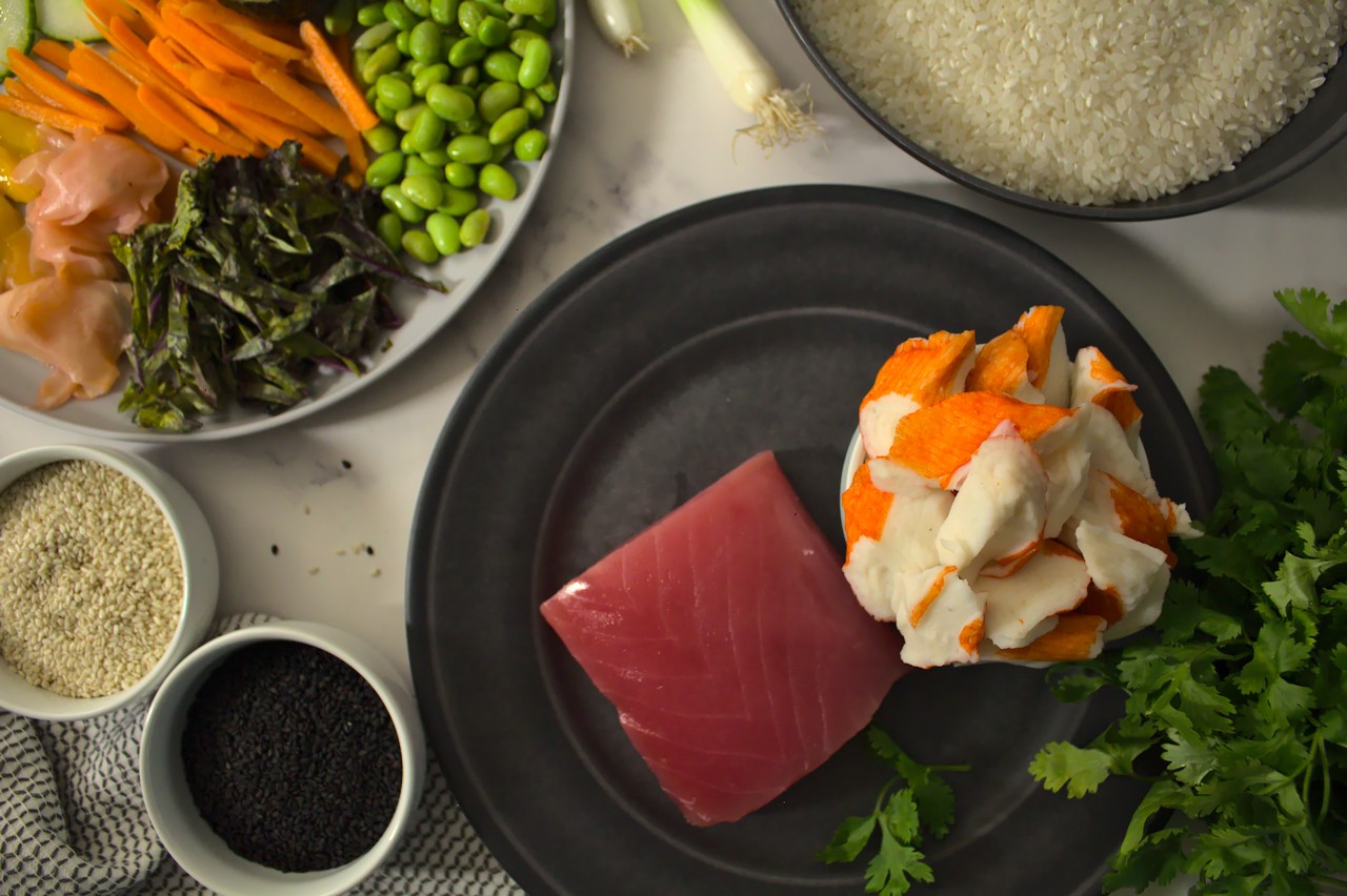 Overhead shot of poke bowl ingredients