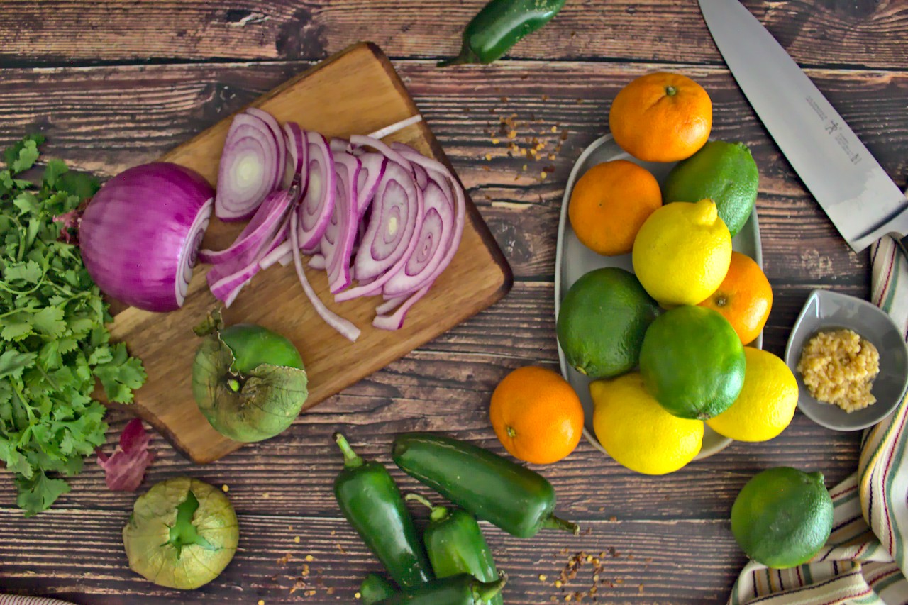 Overhead shot of ingredients for pollo al carbón