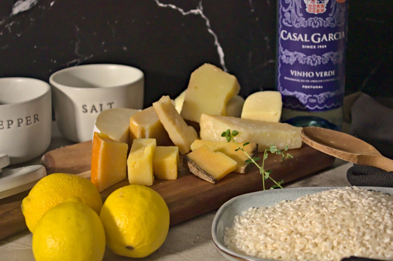 Arborio rice, lemons, cheese, and wine