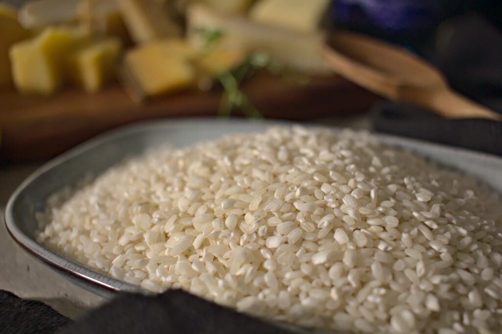 Closeup photo of uncooked arborio rice