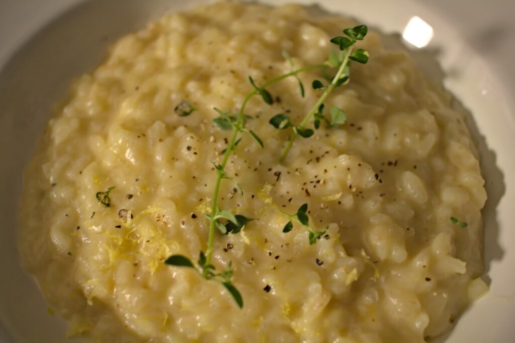 Closeup photo of risotto plated in a bowl