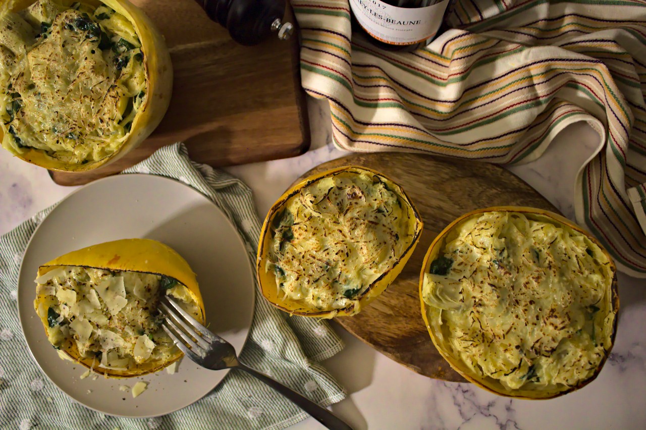 Overhead shot of spinach artichoke spaghetti squash