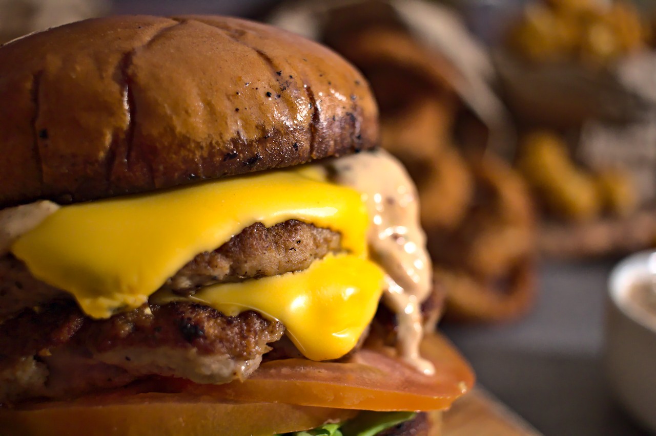 Closeup photo of double stacked turkey burger
