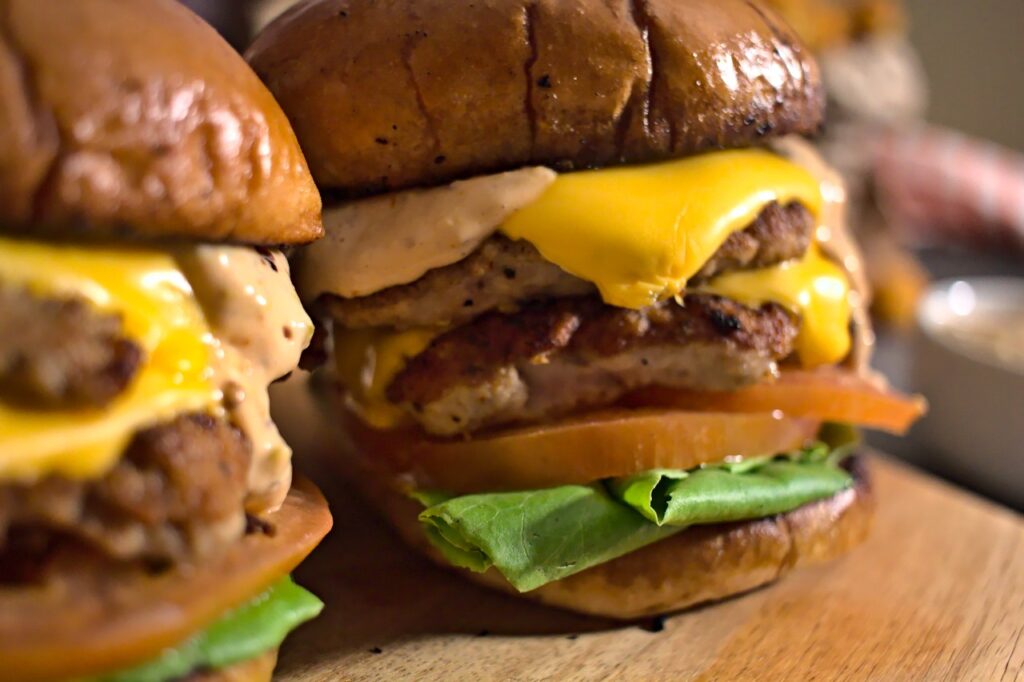 Closeup photo of two double stacked turkey burgers