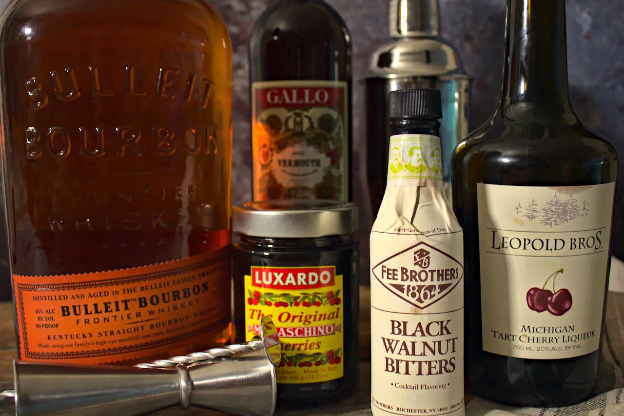 Ingredients for a michigan tart cherry manhattan