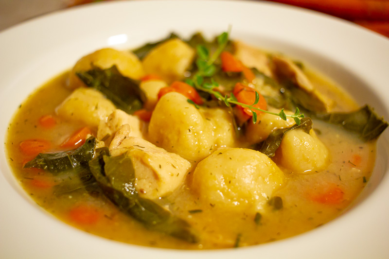 Closeup photo of chicken and cornbread dumplings