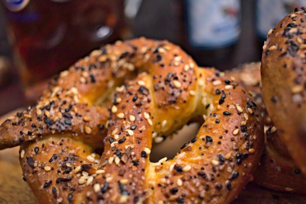 Closeup photo of everything bagel seasoned soft pretzel