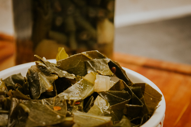 closeup photo of a bowl of collard greens